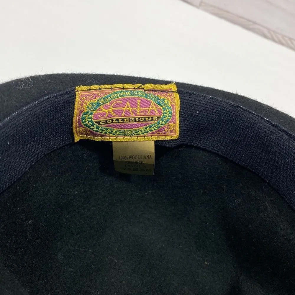 Scala Collezione Black 100% Wool Floral Detail Hat